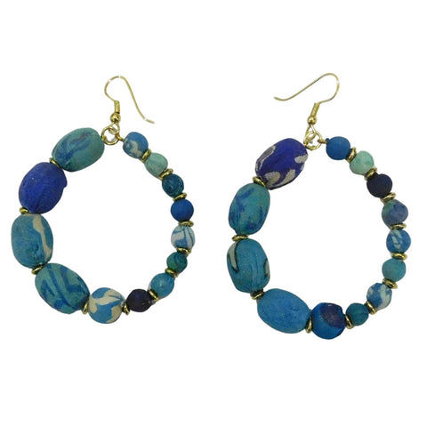 Recycled Fabric Circle Blue Handcrafted Earrings
