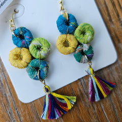 Recycled Fabric Multi Circle Tassel Handcrafted Earrings