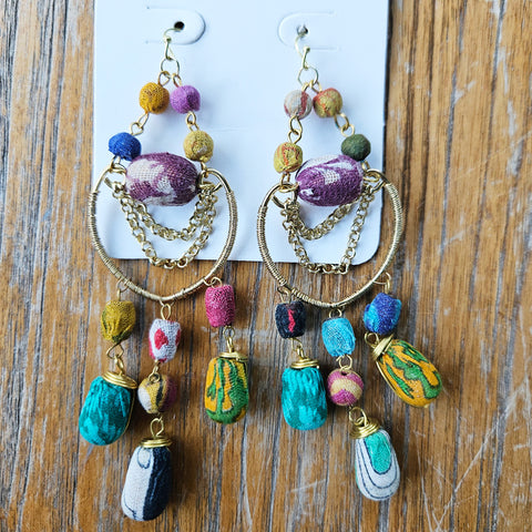 Recycled Fabric & Brass Heart Handcrafted Earrings