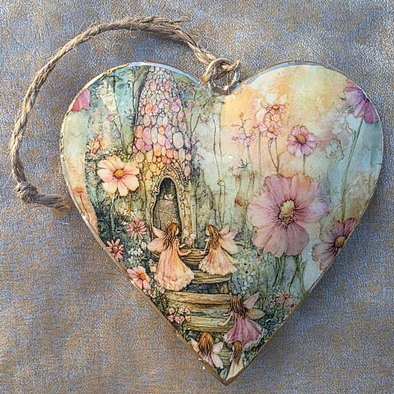 Fairy Blossoms Metal Heart Ornament