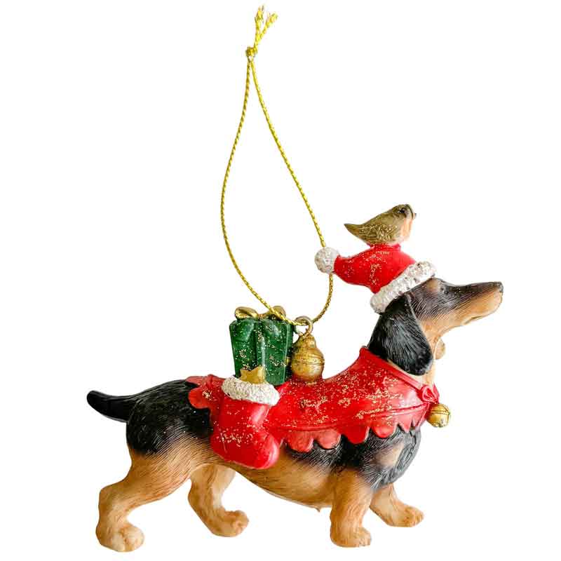 Festive Dachshund Dog Hanging Ornament  - Bird On Head