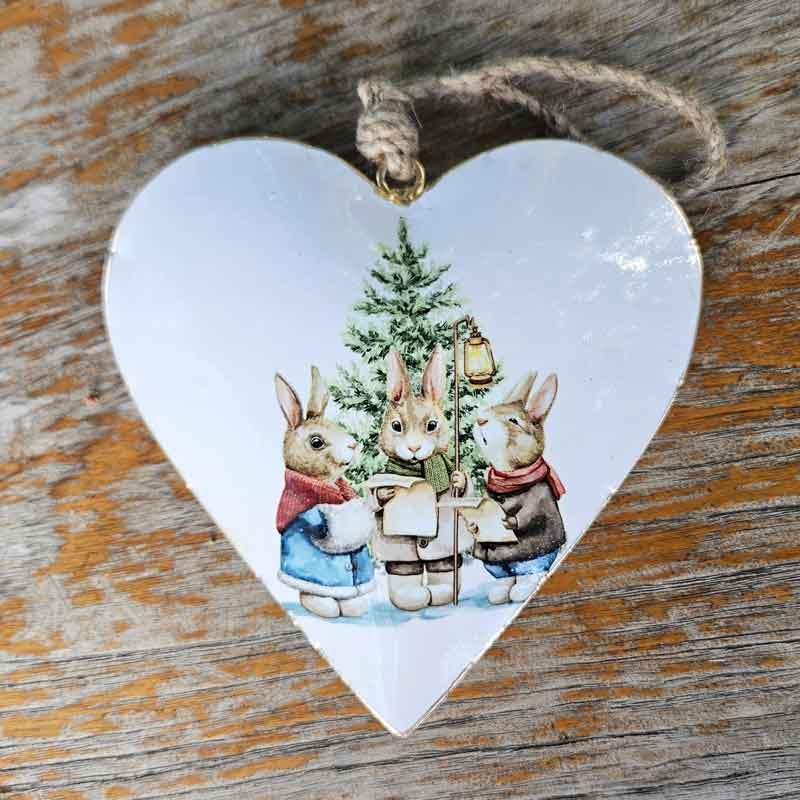 Extra Large Metal Heart Ornament - Festive Rabbits