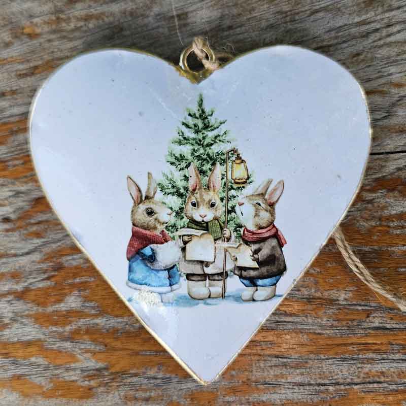 Festive Rabbits  Metal Heart Ornament - Singing Carols