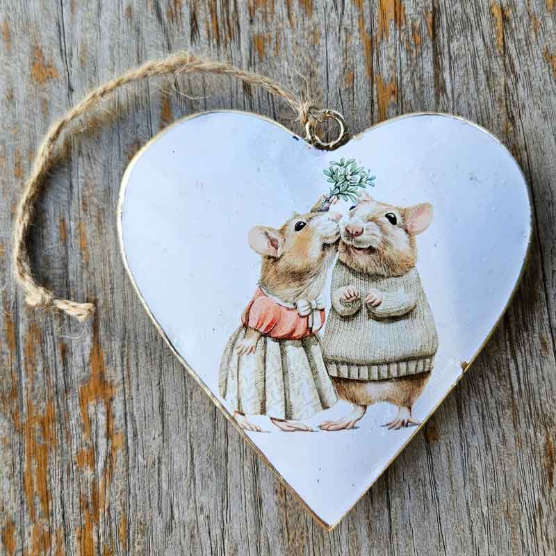 Festive Rabbits  Metal Heart Ornament - Mistletoe