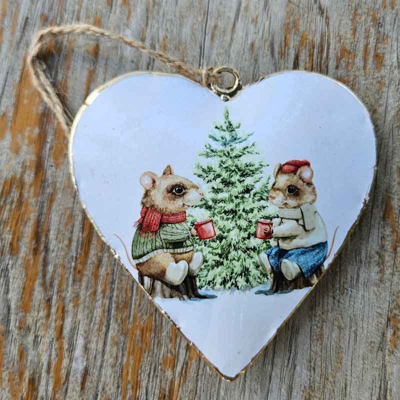 Festive Rabbits  Metal Heart Ornament - Xmas Tree