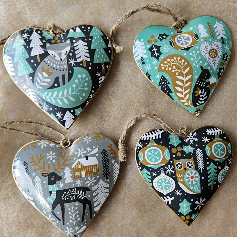Festive Woodland Hanging Metal Heart Ornament - Deer