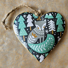 Festive Woodland Hanging Metal Heart Ornament - Fox
