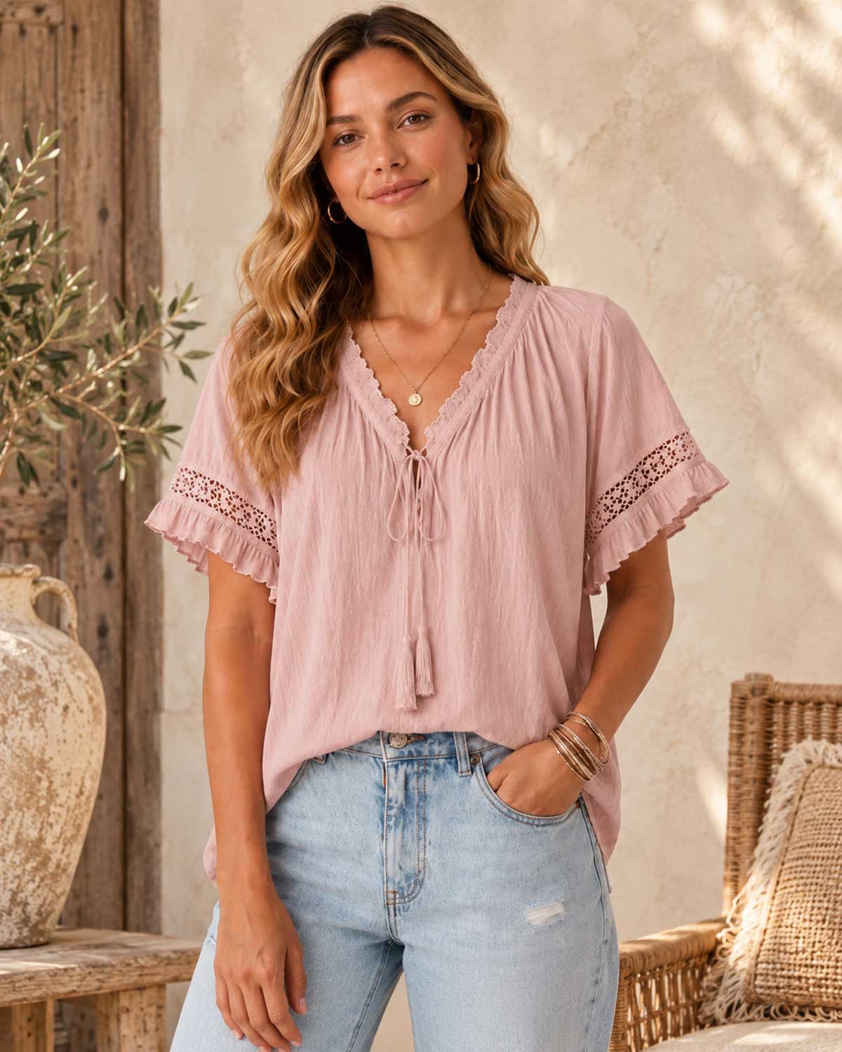 Florence Tassel Blouse – Dusty Pink