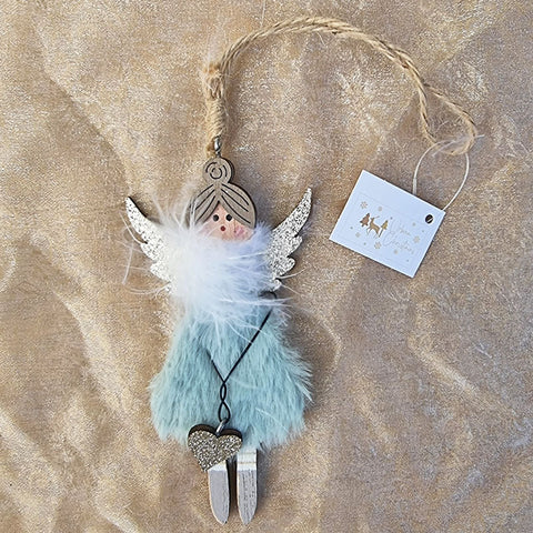 Fluffy Angel Christmas Ornament With Heart - Sage