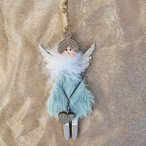 Fluffy Angel Christmas Ornament With Heart - Sage