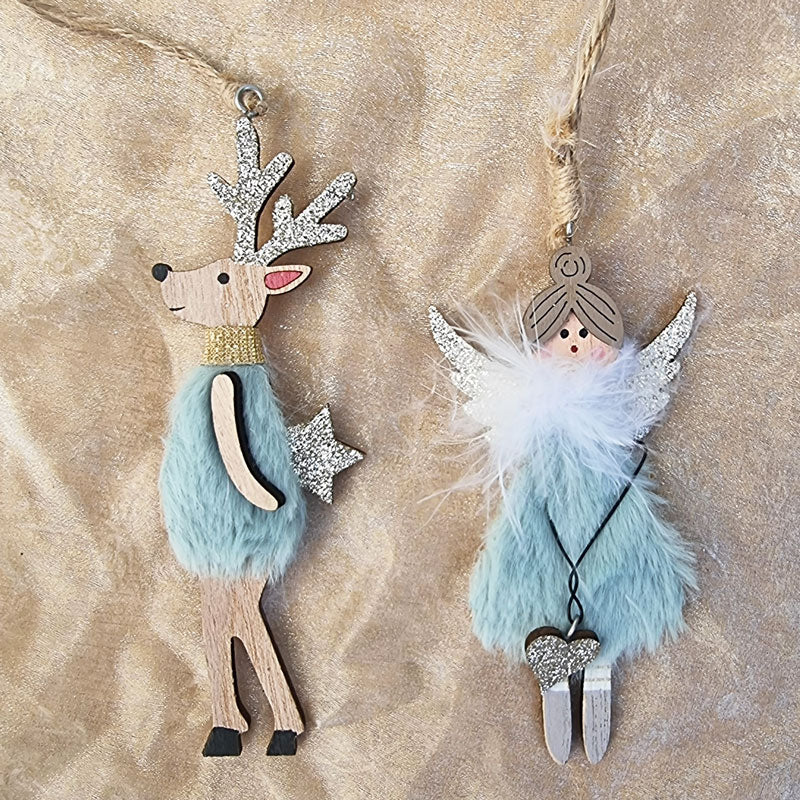 Fluffy Reindeer Christmas Ornament Holding Star - Sage