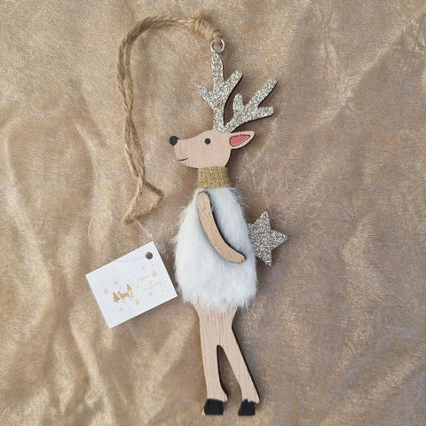 Fluffy Reindeer Christmas Ornament Holding Star - White