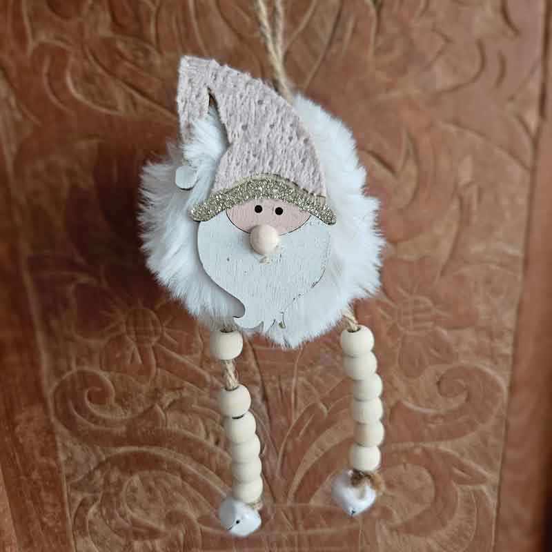 Fluffy Santa Ornament With Beads & Bells - Pink