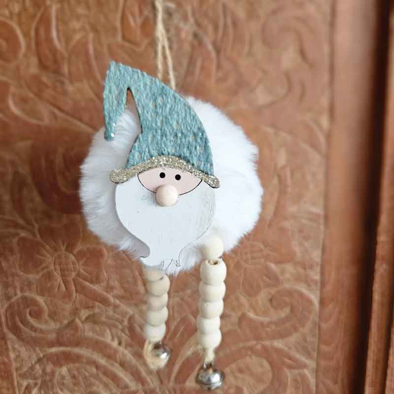 Fluffy Santa Ornament With Beads & Bells - Sage