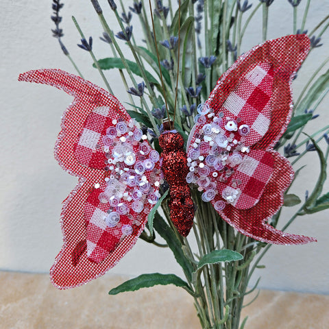 Butterfly Clip Fabric Ornament - Gingham Red/White