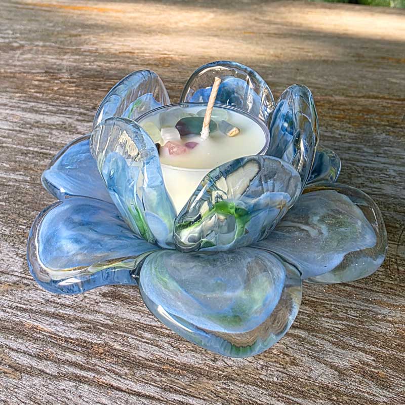 Glass Flower Tealight Candle Holder - Blue