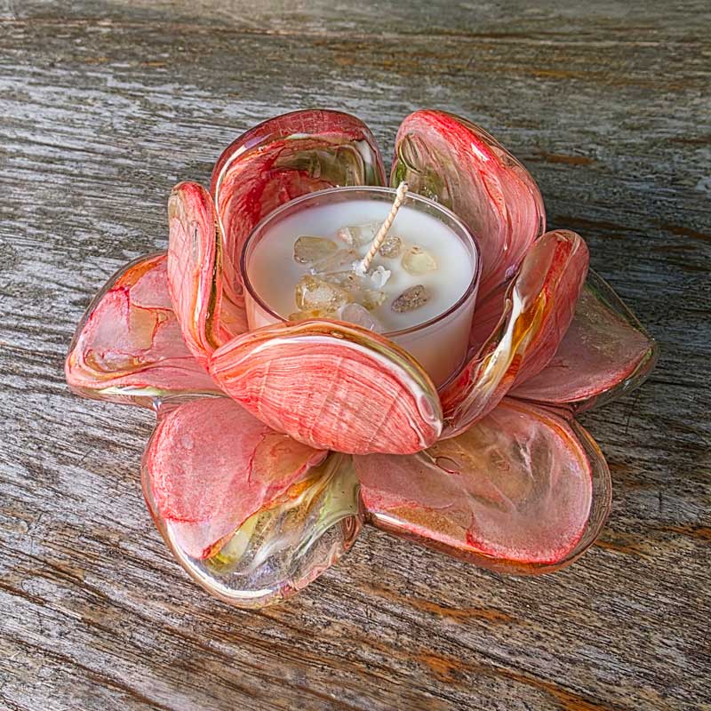 Glass Flower Tealight Candle Holder - Peach & Green