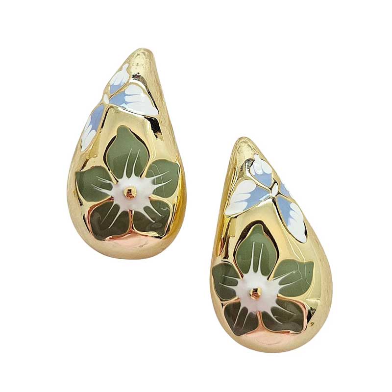 Floral Bloom Teardrop Earrings – Green & Gold By Zoda