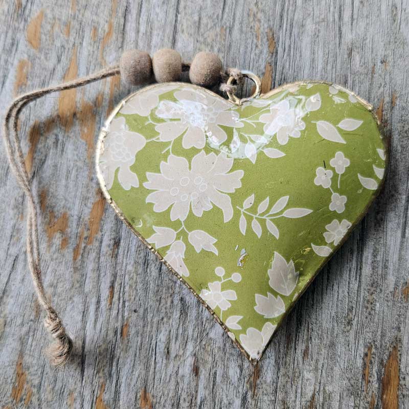 Hanging Metal Beaded Heart - Floral Green