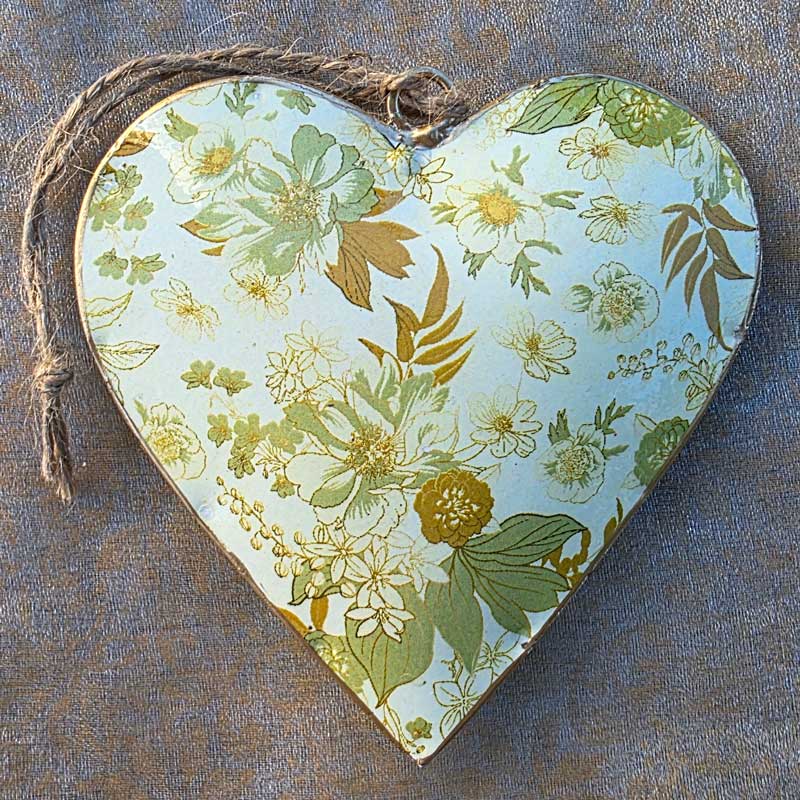 Green & Mustard Floral Metal Heart Ornament