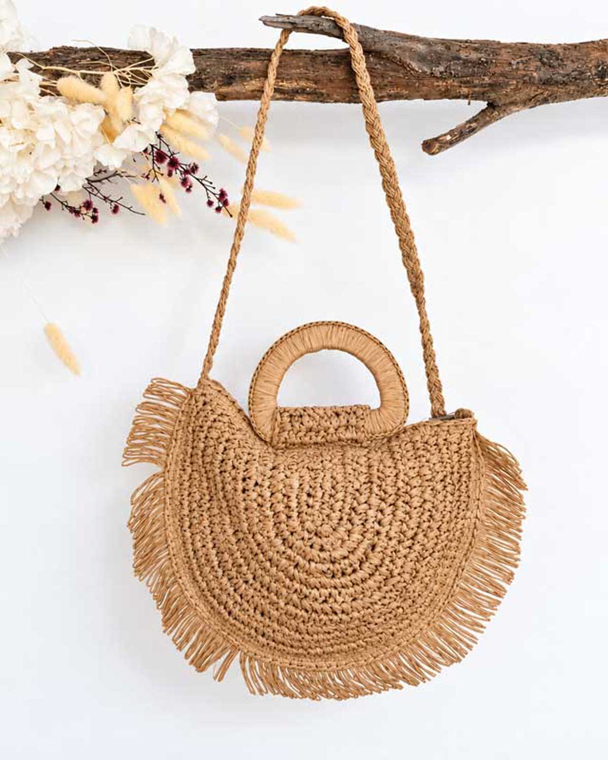 Kaia Half Moon Raffia Shoulder Bag – Natural
