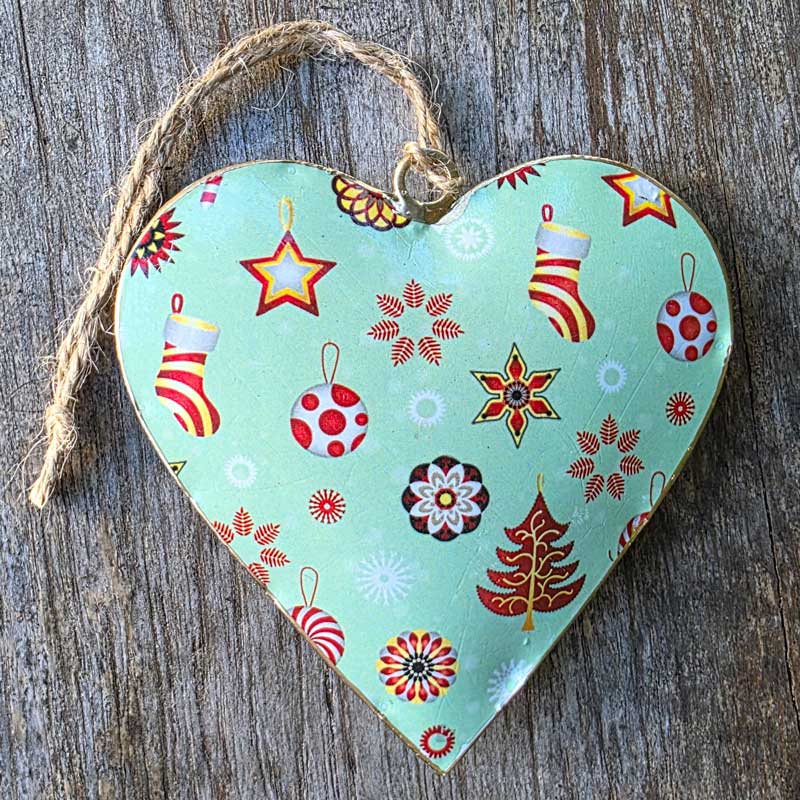 Handmade Metal Hanging Heart Ornament - Christmas Green