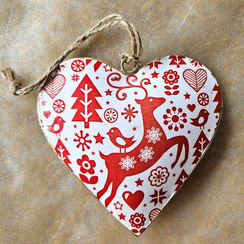 Handmade Metal Hanging Heart Ornament - Red Reindeer