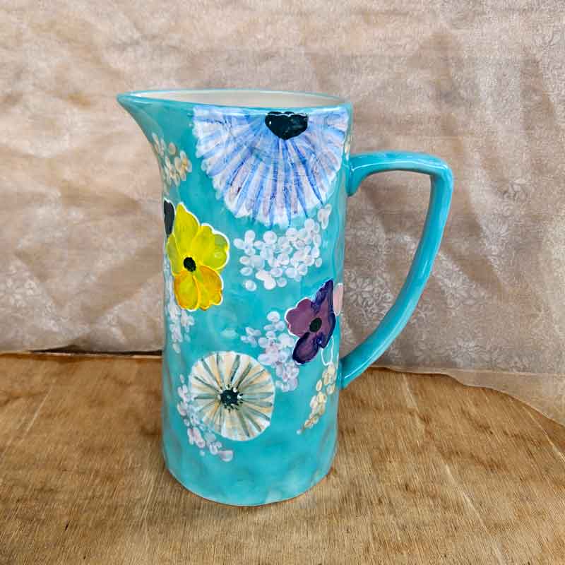 Handpainted Floral Water Jug - Teal