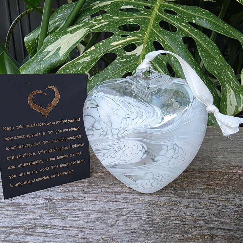 Glass Hanging Heart - Pearl White