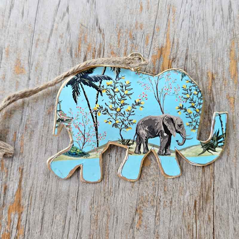 Hanging Metal Elephant Ornament - Blue