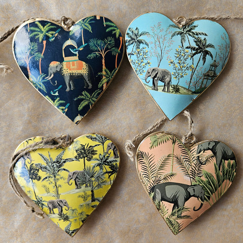 Elephant Design Hanging Metal Heart Ornament - Aqua Blue