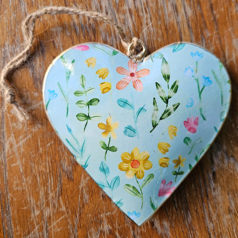 Pastel Floral Metal Heart Ornament - Light Blue