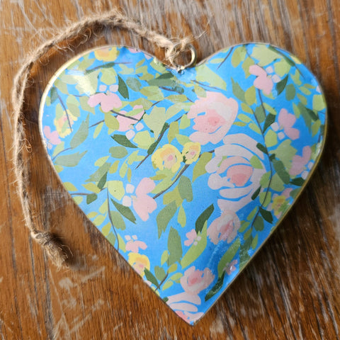 Pastel Floral Metal Heart Ornament - Blue