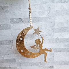 Hanging Moon With Angel Ornament - Gold