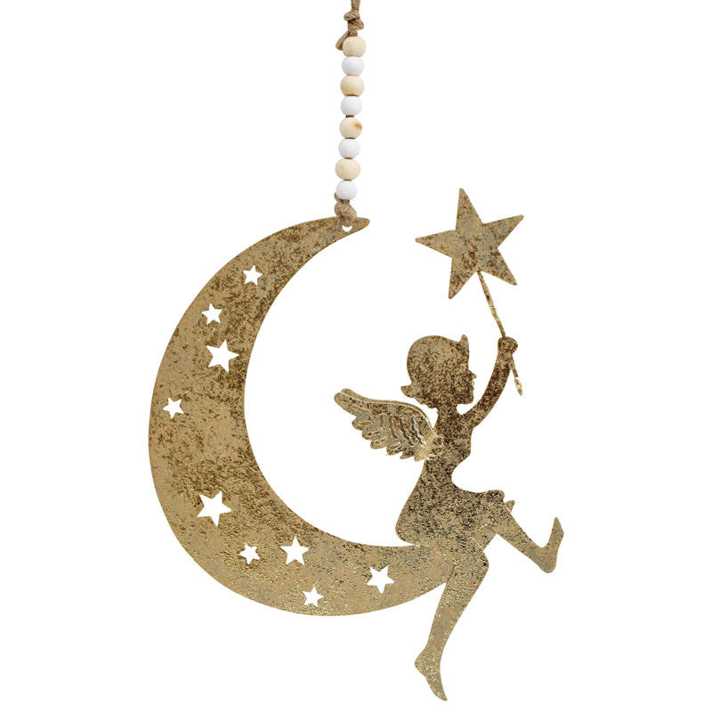 Hanging Moon With Angel Ornament - Gold