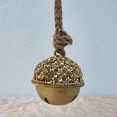 Hanging Brass Glitter Beaded Round Bell - Gold