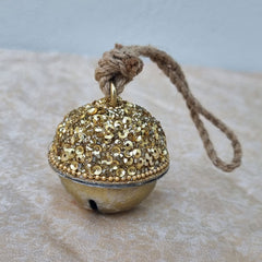 Hanging Brass Glitter Beaded Round Bell - Gold