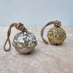 Hanging Brass Glitter Beaded Round Bell - Silver