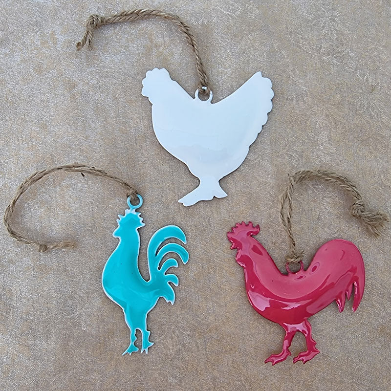 Set of 3 Metal Chickens Hanging Ornaments - Red, White & Turquoise