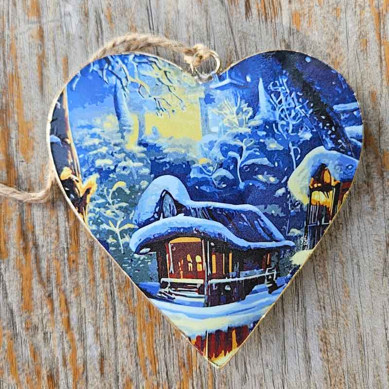 Christmas Metal Heart Ornament - House Design Blue