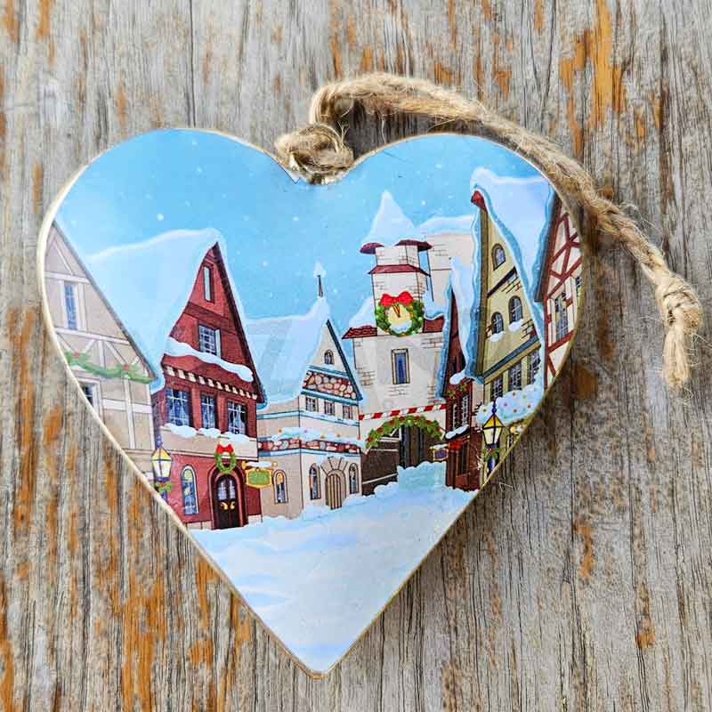 Christmas Metal Heart Ornament - House Design Aqua