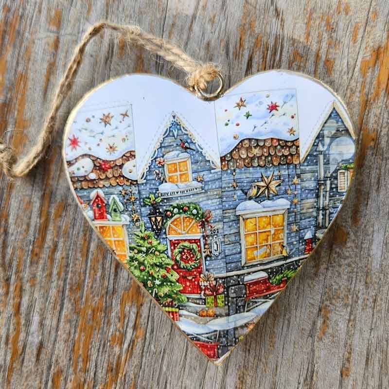 Christmas Metal Heart Ornament - House Design White