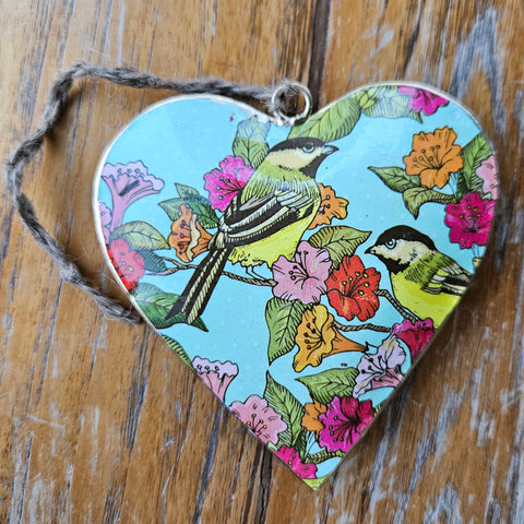 Bird Design Metal Heart Ornament - Colourful Flowers
