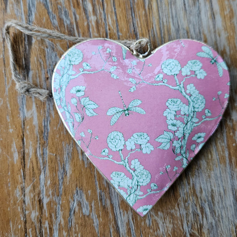 Dragonfly Metal Heart Ornament - Pink