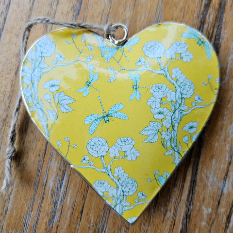 Dragonfly Metal Heart Ornament - Yellow