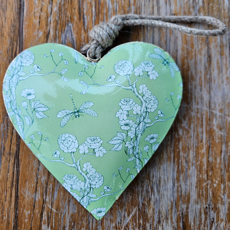 Dragonfly Metal Heart Ornament - Green Extra Large