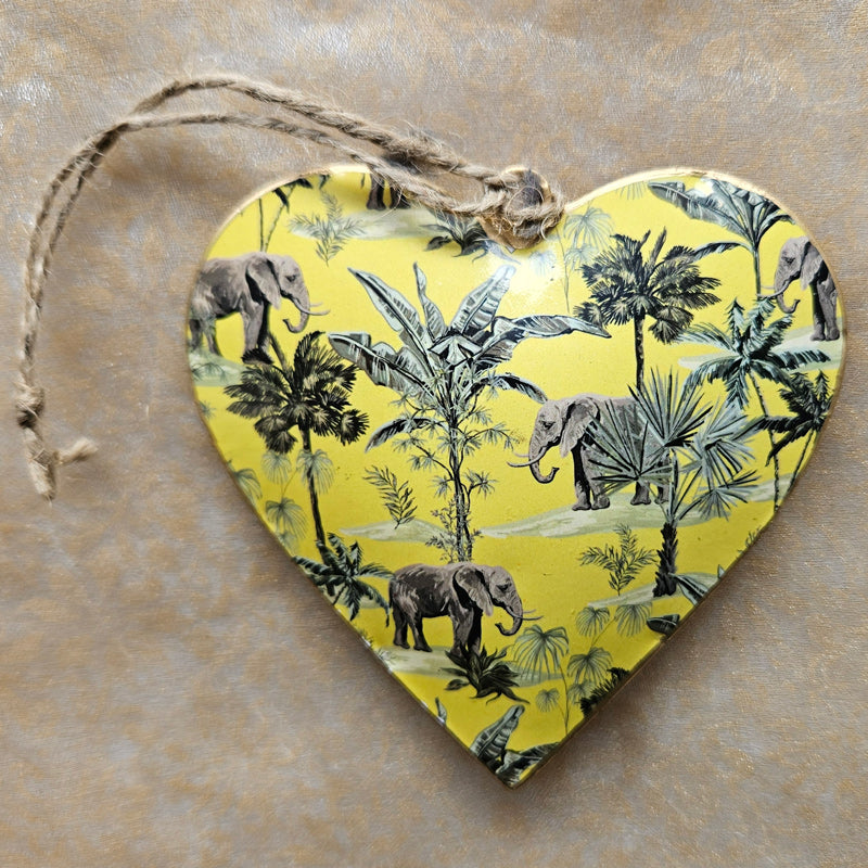 Elephant Design Hanging Metal Heart Ornament - Yellow