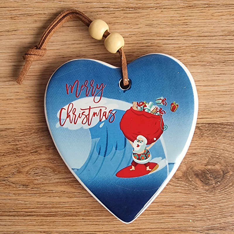 Surfing Santa Sack Merry Christmas Hanging Heart Ornament