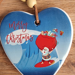 Surfing Santa Sack Merry Christmas Hanging Heart Ornament