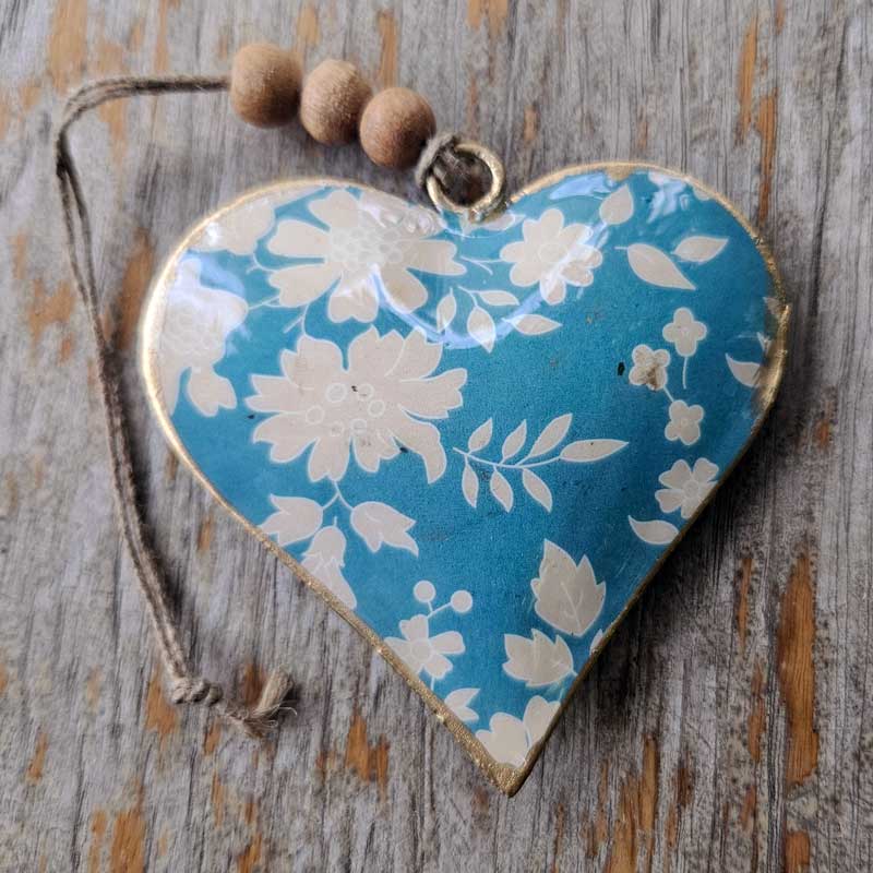 Hanging Metal Beaded Heart - Floral Blue